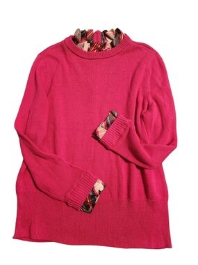 crown & ivy Bright Pink Crewneck Sweater with Plaid Trim